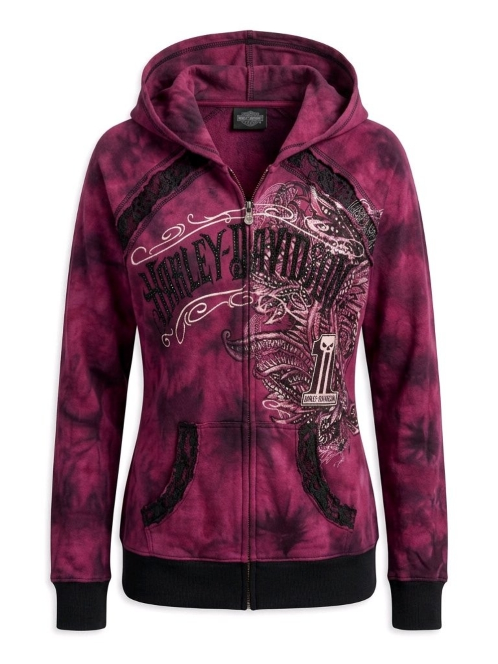 Harley-Davidson Women's Burgundy Zip Hoodie with Black Lace Trim - Picture 2 of 9